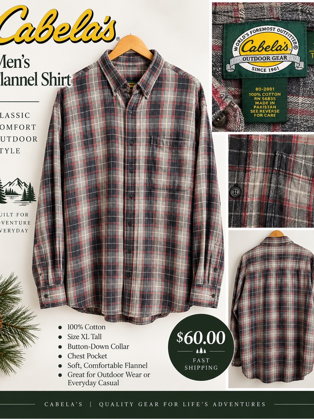 Cabela's Gray and Red Plaid Button-Down Shirt